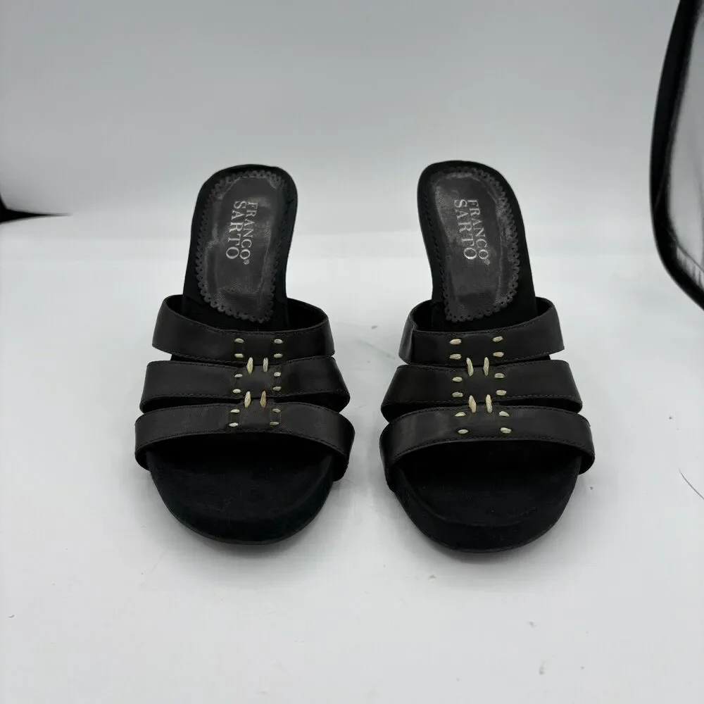 Franco Sarto High‎ Heels Womens 7 Leather Kitten Black Open Toe Mule Straps G2